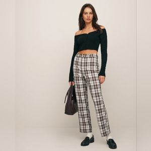 Reformation Black Top with Brown Plaid Pants